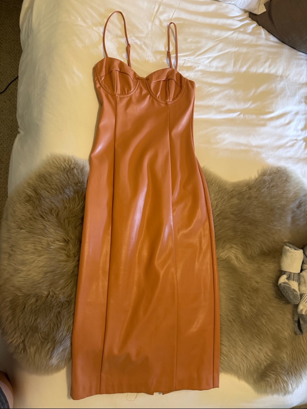 Bardot Peach Orange Faux Leather Midi Slip Dress